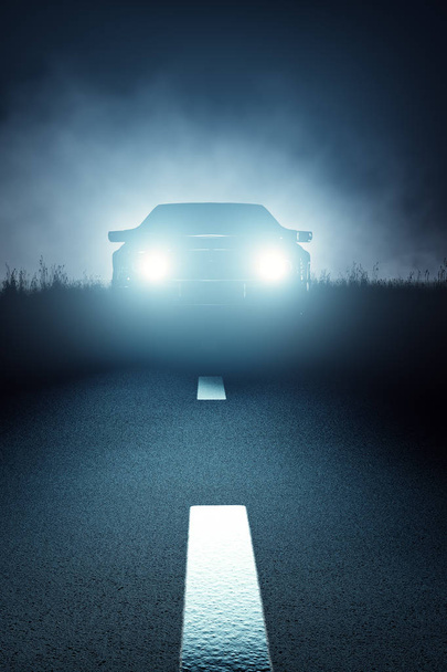 Luces del coche delantero por la noche en carretera abierta
 - Foto, Imagen