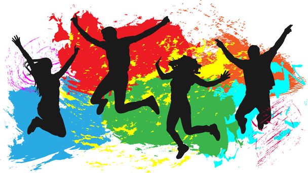 Saltando gente amigos silueta, colorido brillante tinta salpicaduras fondo
 - Vector, imagen