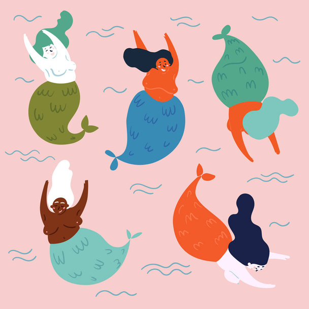 Group of mythical underwater creatures. Mermaids - Vector, Image