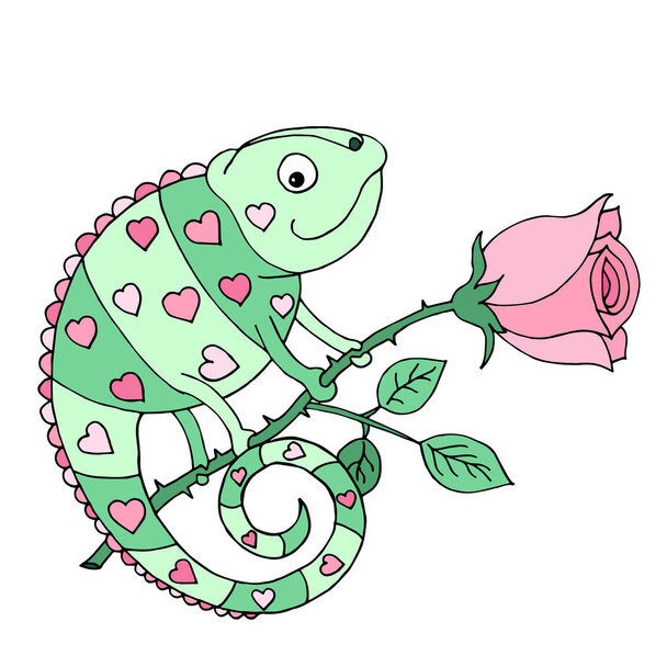 A colorful chameleon with hearts on the skin sits on a rose. - Vektor, kép