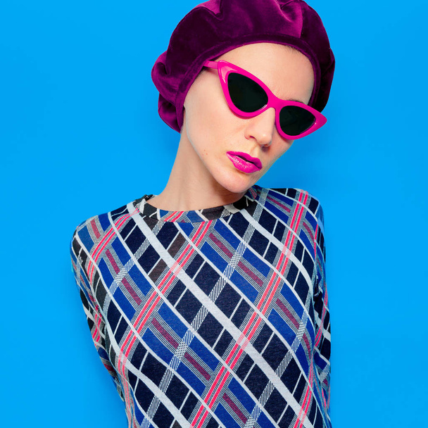 Vintage Lady in fashion accessory beret and sunglasses. Retro vi - Fotó, kép