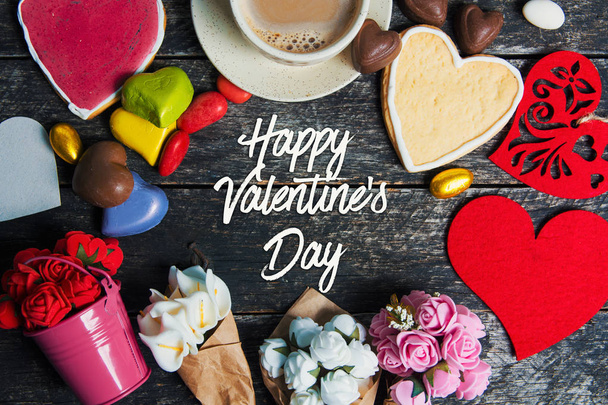 Happy Valentine's Day card. cookies with heart shape on wooden background,blank space  - Fotoğraf, Görsel