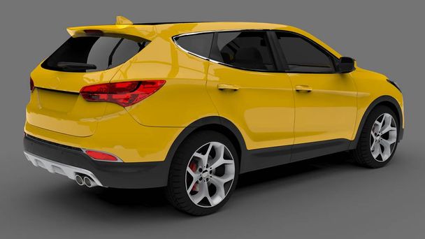 Kompakt városi crossover sárga szín egy szürke háttér. 3D-leképezés. - Fotó, kép