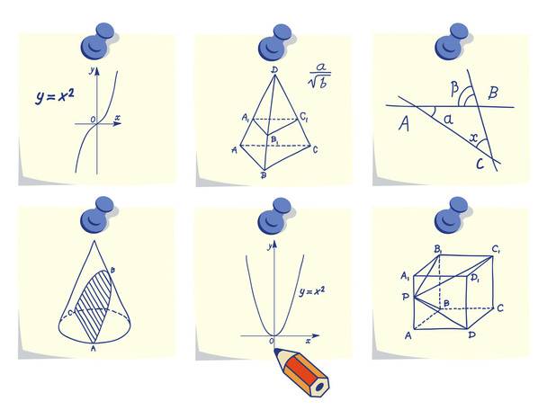 Mathematische und Geometriesymbole auf gelben Memosticks - Vektor, Bild
