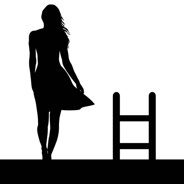 Silhouet van de vrouw met de ladder op het dak - Vector, afbeelding