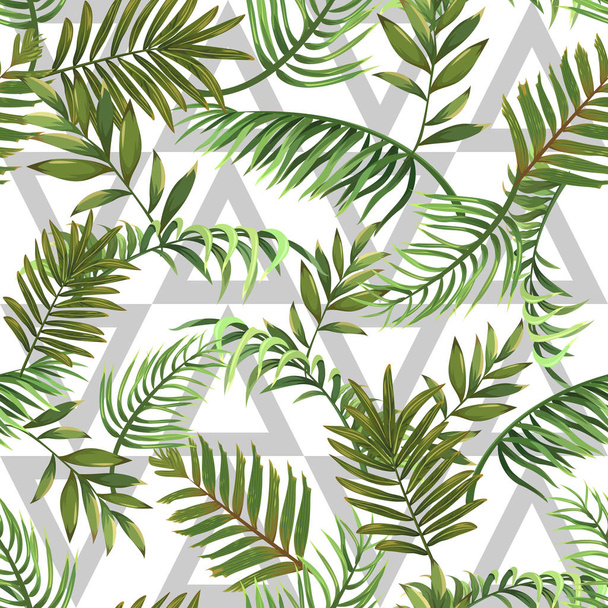 Naadloze patroon met blaadjes van tropische palmen en driehoeken - Vector, afbeelding