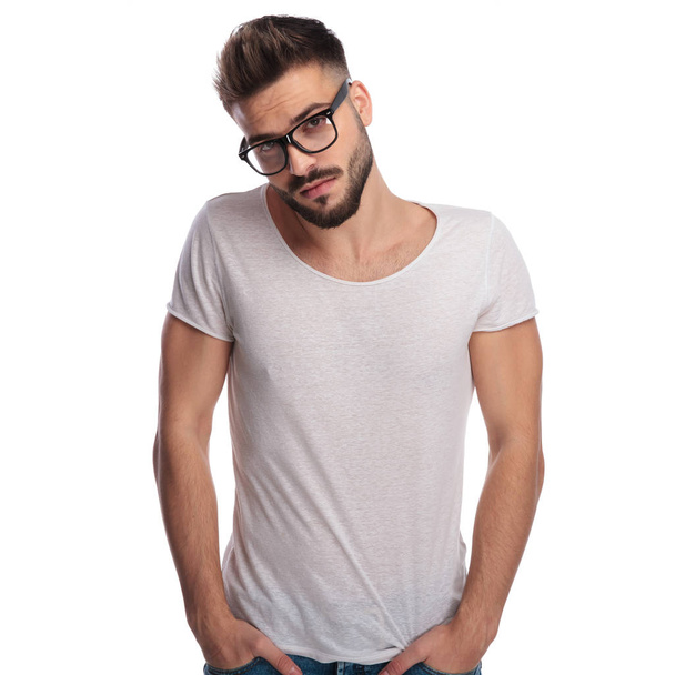 shy young casual man wearing glasses - Photo, Image