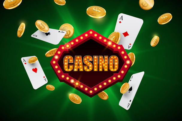 Casino banner with falling gold coins and aces on abstract green background - Vecteur, image