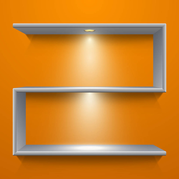 Metal shelf design with illumination on yellow background, vector illustration - Vector, Imagen