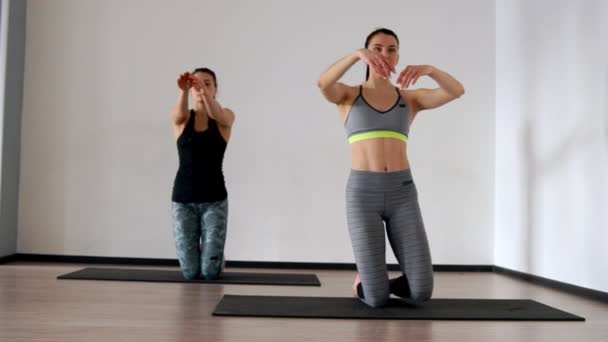 Deux belles jeunes filles athlétiques sur ses genoux élevés pieds et mains symétriques dans les exercices latéraux de Pilates
. - Séquence, vidéo