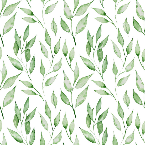 Seamless pattern with grenn watercolor leaves. Summer illustration - Zdjęcie, obraz