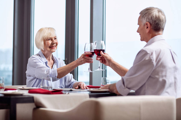 Attractive mature couple making clink with glasses - Foto, Imagem