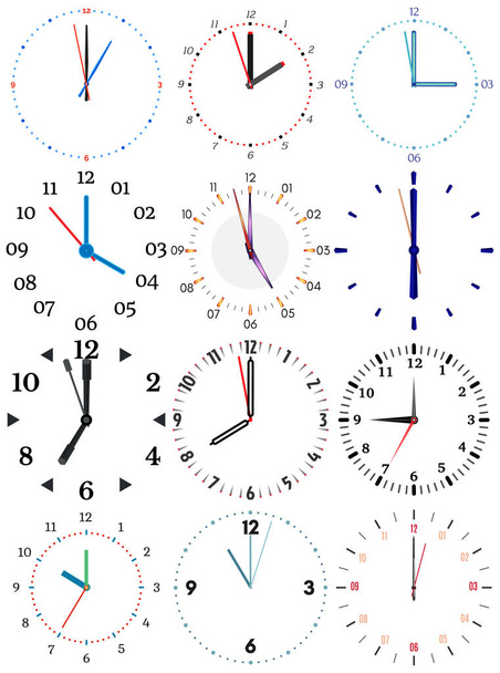 A set of different mechanical clocks with an image of each of the twelve hours. - Vector, Image