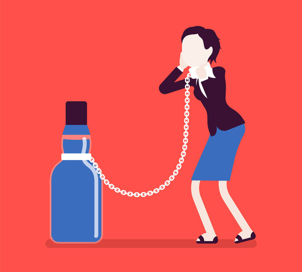 Woman with bottle in alcohol dependency - Vector, Image