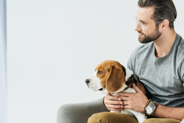 Seitenansicht eines gutaussehenden Mannes auf einem Sessel mit niedlichem Beagle - Foto, Bild