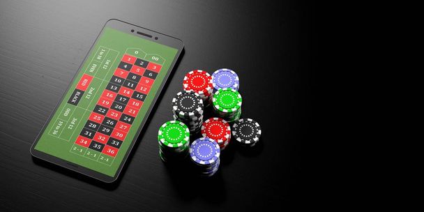 Онлайн ставки. Смартфон і покерні фішки на чорному тлі, банер, простір для копіювання. 3d ілюстрація
 - Фото, зображення
