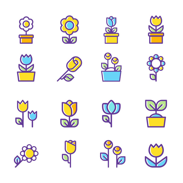 Set of flower line icons. Color Vector Illustration, flat design.  - Vector, Image