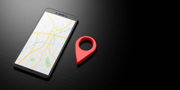 İşaretçi konumunu bir smartphone cep telefonu ile eşleyin. Bir smartphone ekran ve kırmızı yeri sembolü bir siyah arka plan, afiş, kopya alanı üzerinde eşleyin. 3D çizim - Fotoğraf, Görsel