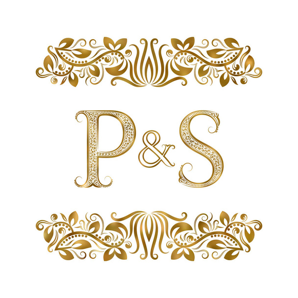 P and S vintage initials logo symbol. The letters are surrounded by ornamental elements. Wedding or business partners monogram in royal style. - Vector, Image