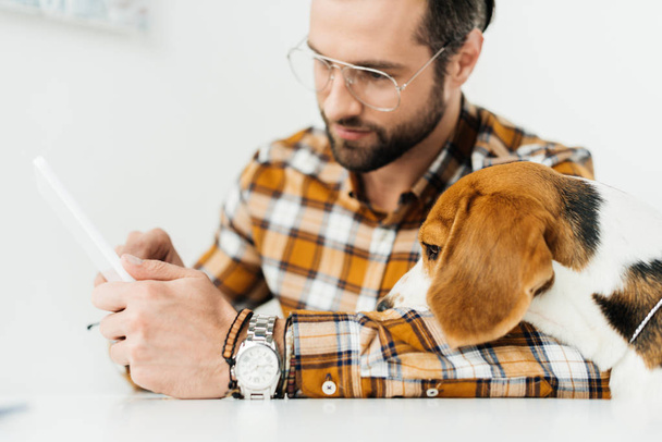 pohledný podnikatel a psa při pohledu na tabletu - Fotografie, Obrázek
