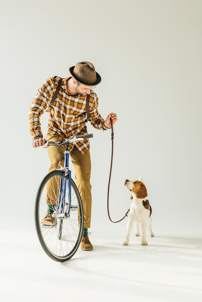 handsome bicycler looking at dog with leash on white - Photo, Image