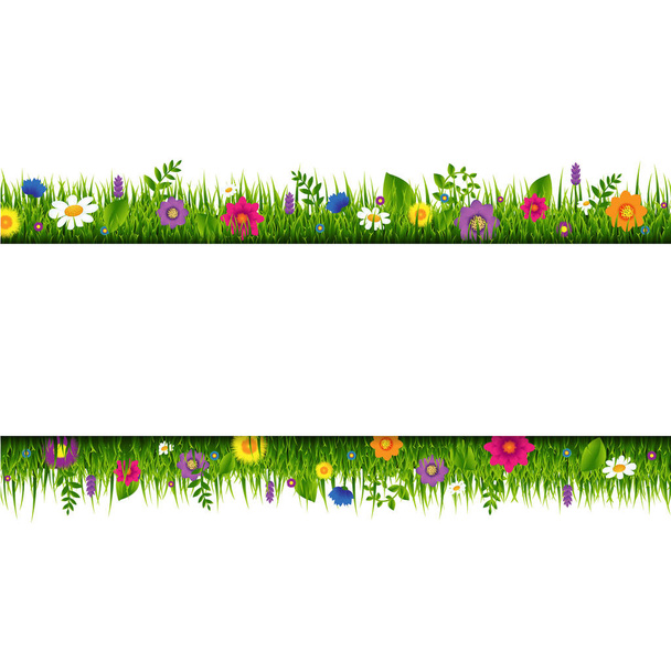 Fű és a virágok határ Banner a színátmenet háló, vektoros illusztráció - Vektor, kép