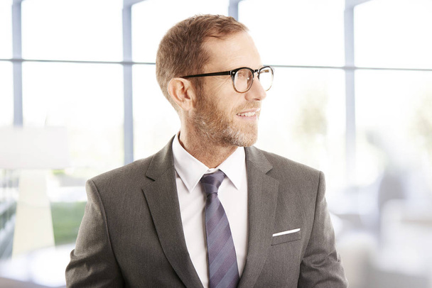 Senior investment advisor businessman wearing suit while standing at the office and looking away. - Photo, Image