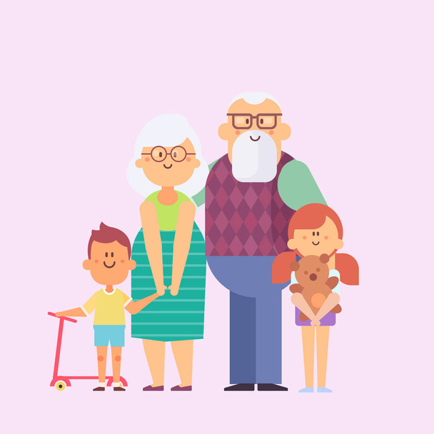 Abuelos y nietos. Abuelos felices con sus nietos dando un paseo. Día de los Abuelos. Conjunto vectorial de personajes en un estilo plano bueno para la animación
. - Vector, imagen