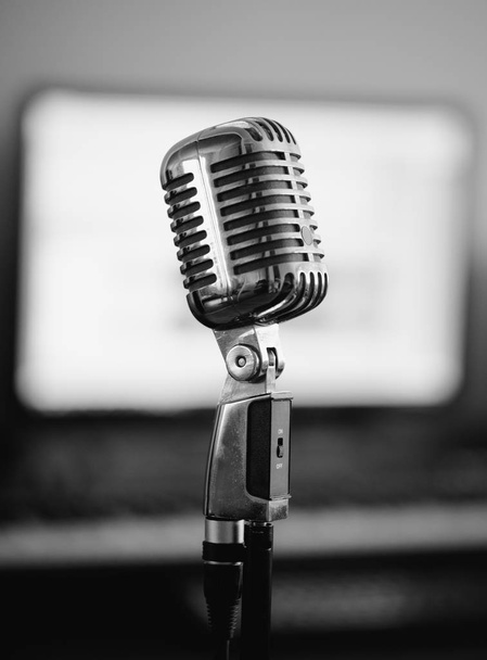 Retro microphone in home studio. Black and white. - Photo, Image
