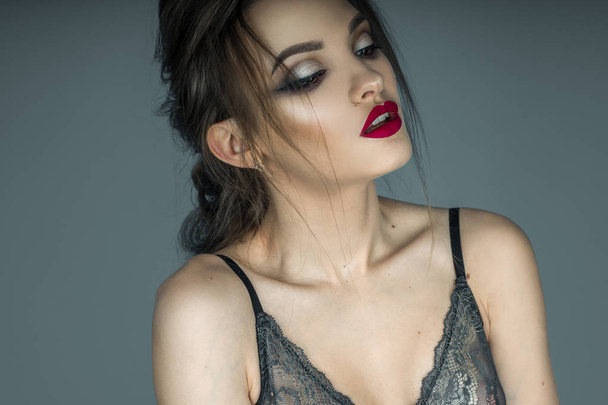 close up of beautiful young girl with sexy red lips and makeup p - Фото, изображение