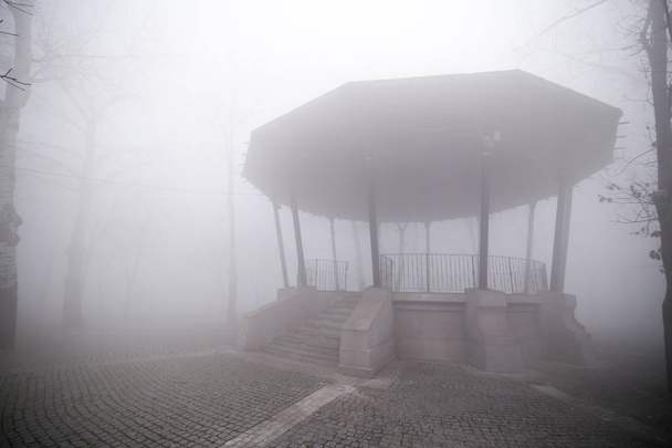 Gazebo in heavy fog at dawn in a park - Photo, Image