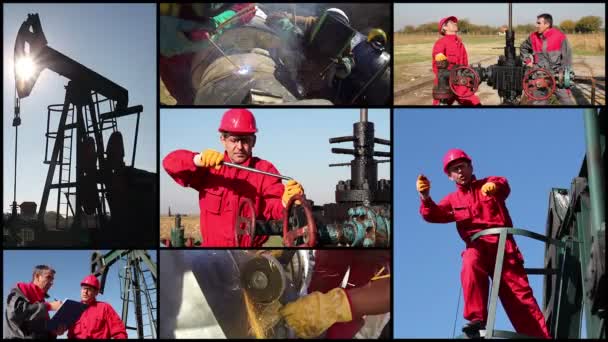 Нефтяники / работники нефтяной промышленности в действии на нефтяной скважине, разделенный экран 4К
 - Кадры, видео