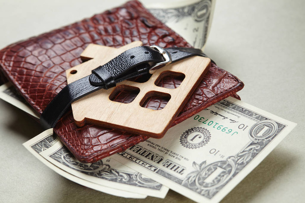 Δερμάτινο πορτοφόλι με χαρτονομίσματα του δολαρίου σε ανοιχτόχρωμο φόντο - Φωτογραφία, εικόνα