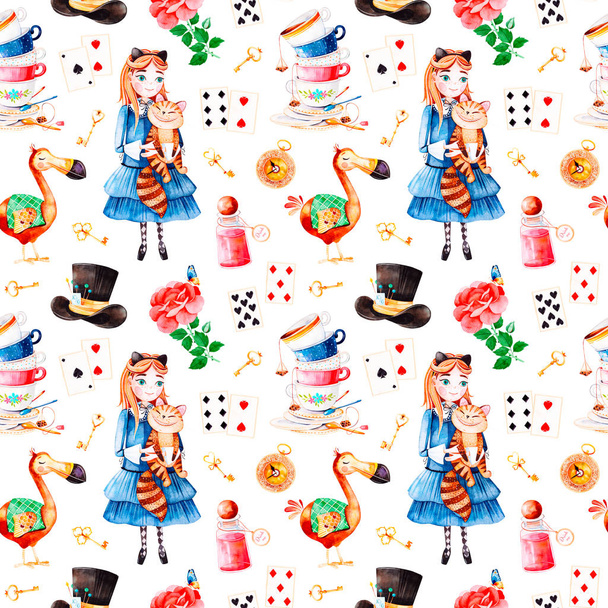 varrat nélküli színes mintával rajzfilmfigurák, Alice in Wonderland mese, a fehér háttér - Fotó, kép