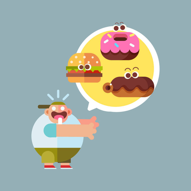Carino ragazzo grasso affamato con fast food. Personaggio in stile cartone animato, illustrazione vettoriale piatta
. - Vettoriali, immagini