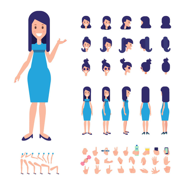 Ön, yan, geri, 3/4 görünüm animasyon karakter. Genç kız karakter yaratma çeşitli görünümler, saç modelleri, yüz duygular, pozlar ve hareketleri ile ayarla. Karikatür tarzı, düz vektör çizim. - Vektör, Görsel