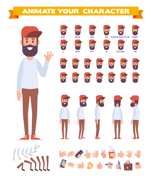 Front, side, back view animated character, separate parts of body. Fashionable bearded hipster constructor with various views, hairstyles, poses and gestures. Flat vector illustration. - Vector, Image