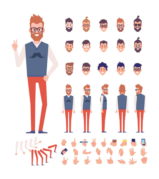 Front, side, back view animated character,separate parts of body. Young boy constructor with various views, hairstyles, poses and gestures. Cartoon style, flat vector illustration. - Vector, Image