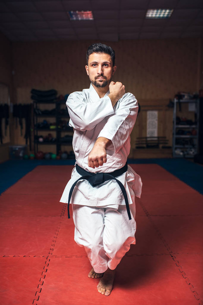 bojovník v bílé kimono s černý pás, karate trénink v tělocvičně - Fotografie, Obrázek
