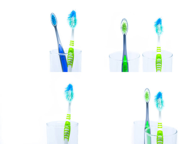 Új fogkefe és a régi fogkefe (sérült), a tiszta üveg a fogak tisztítására a elszigetelt fehér háttér - koncepció "milyen gyakran kell módosítja a fogkefe ? " - Fotó, kép