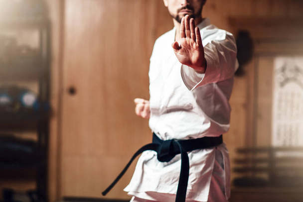 luchador en kimono blanco con cinturón negro, entrenamiento de karate en gimnasio
 - Foto, imagen