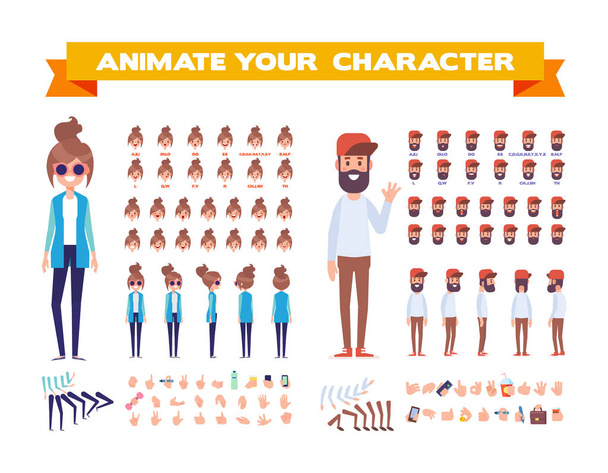 Front, side, back view animated characters. Male and female characters creation set with various views, face emotions, poses. Cartoon style, flat vector illustration. - Vector, Image