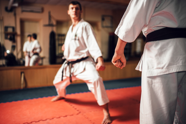 Мастер каратэ по боевым искусствам в белых кимоно и черных поясах, боевая подготовка в тренажерном зале
 - Фото, изображение