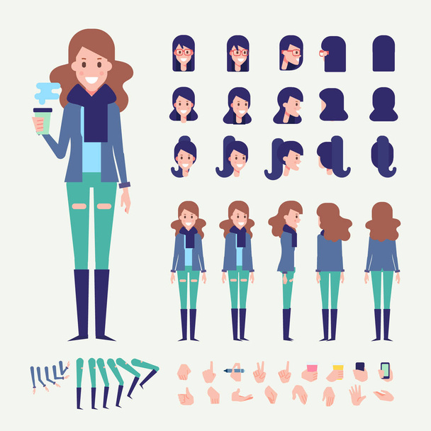 Flat Vector Young Woman character. Character creation set with various views, hairstyles and poses. Parts of body template for design work and animation. - Vector, Image