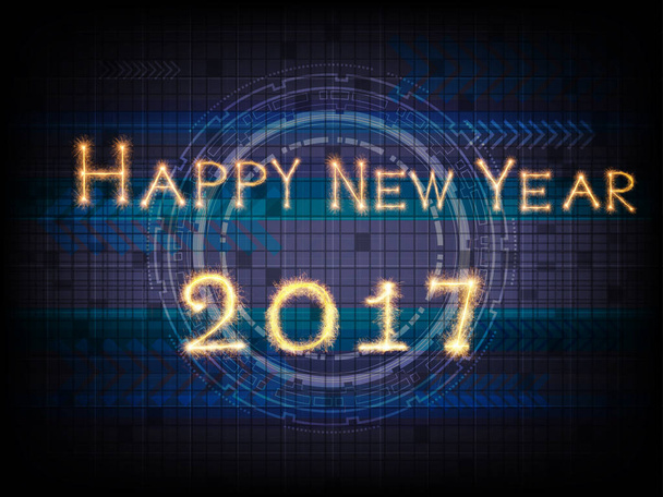 Hyvää uutta vuotta 2017 kirjoitettu Sparkle ilotulitus yli abstrakti kuva Innovation Technology ja yhteyden muoto bokeh hämärtynyt tausta, juhlia kortteja käsite
 - Valokuva, kuva