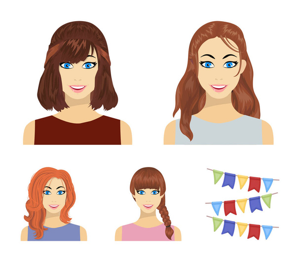 Types of female hairstyles cartoon icons in set collection for design. Appearance of a woman vector symbol stock web illustration. - Вектор,изображение