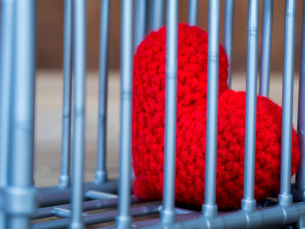 Coeur dans la cage Mettez sur une table en bois, Il montre la fermeture de la liberté et de l'amour. L'amour est déçu et insatisfait. Fermeture et blocage amoureux
 - Photo, image