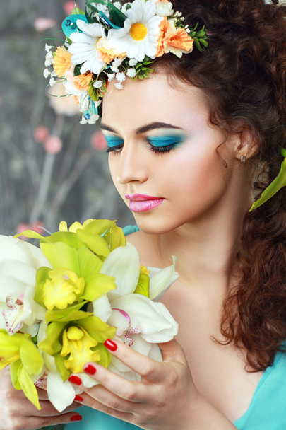 girl with stylish makeup and flowers - Zdjęcie, obraz