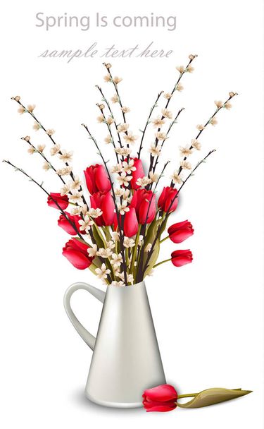 Tulips and cherry flower branches in a white vase Vector - Вектор, зображення