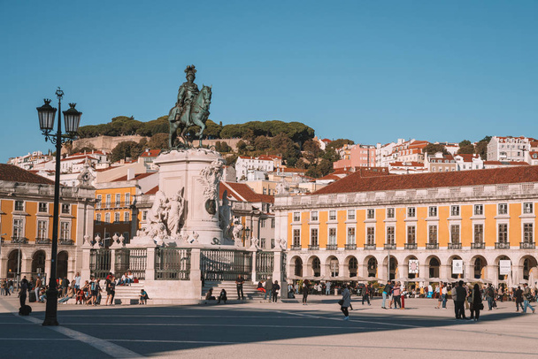 LISBON, PORTUGAL  September 25, 2017: The Rua Augusta Arch is a marble triumphal historical monument and main attraction on Commerce Square (Praca do Comercio) in Lisbon, Portugal - Fotó, kép